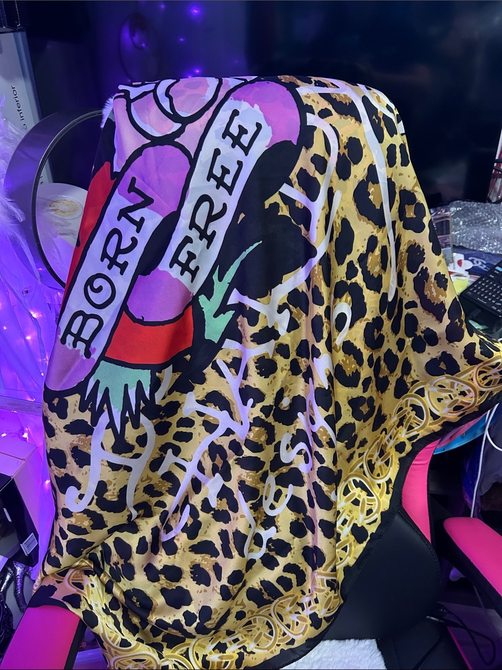 Woman’s Leopard Print 'Born Free' Graphic Scarve - Yellow/Purple 43“ x 43“